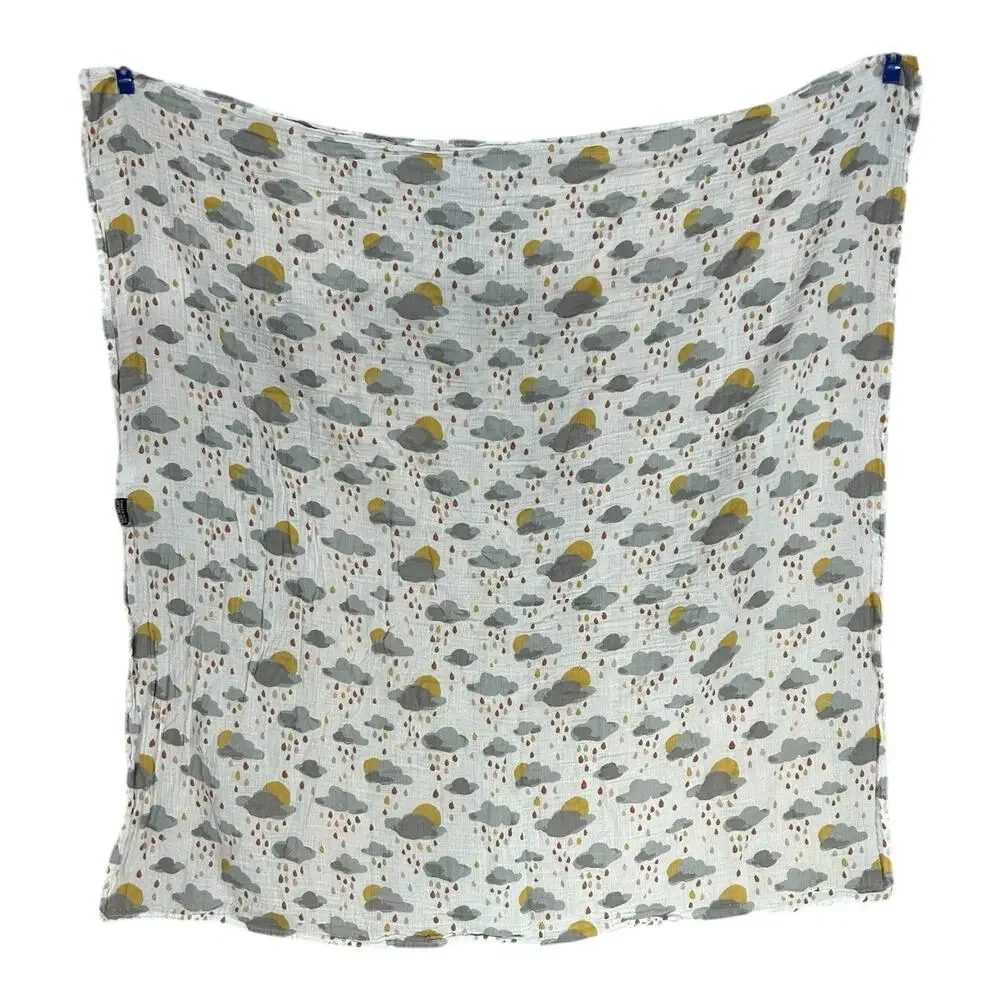 Bebe Au Lait Muslin Swaddle Blanket Rain Clouds Sun Gray Yellow Pure & Simple